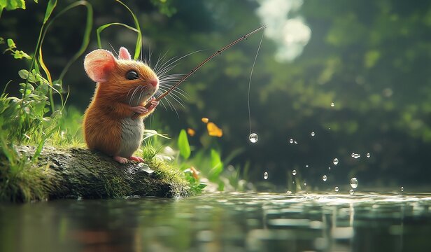AI generator image of red mouse is fishing at the bank of the river in summer in realistic style