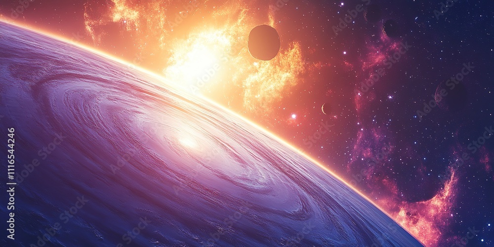 Aufkleber cosmic view of a swirling planet with distant celestial bodies and vibrant nebulae in the background
