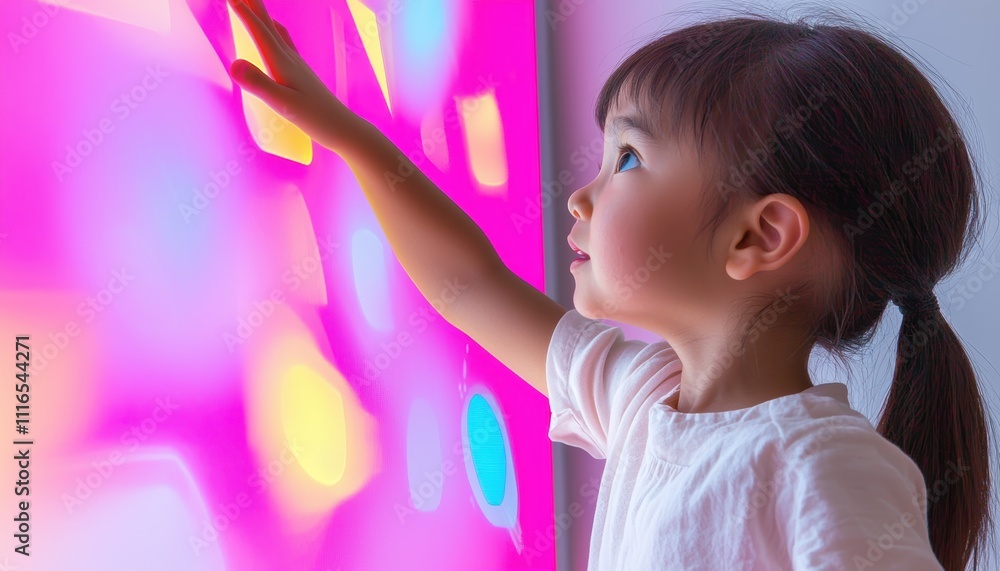 Poster child interacting with colorful light display indoor setting artistic exploration engaging environme