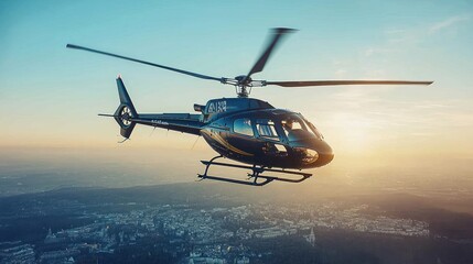Helicopter Flight Over City at Sunset