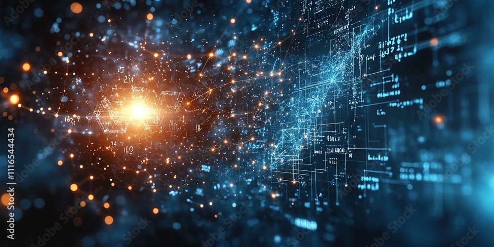 Poster exploration of digital cosmos with vibrant lights and data patterns in a futuristic setting