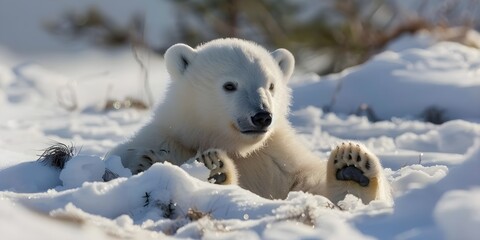 Naklejka premium Cute baby polar bear in snow winter, generative ai 