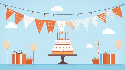 Fototapeta premium Festive birthday scene with cake, gifts, and bunting.