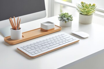Fototapeta premium A minimalist workspace featuring a computer keyboard mouse succulents and a wooden organizer.