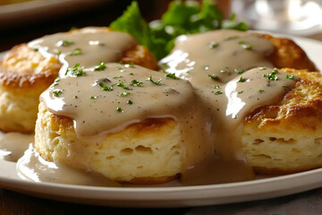 A plate of biscuits served with a rich and savory gravy sauce