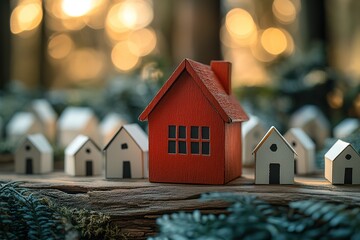 A row of small houses are lined up next to a red house