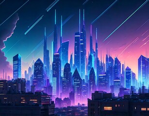 Realistic Cyberpunk City Skyline with Purple and Cyan Neon lights, Generative AI