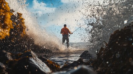 Obraz premium A lone fisherman stands at the edge of the sea, splashes of water surround him. The vibrant sky adds to the scene. Nature meets adventure in a unique moment. Generative AI