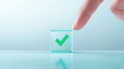 A fingertip tapping on a glass screen to check a box, with a green checkmark appearing inside, against a minimalist white background with subtle shadows, highlighting a positive selection or