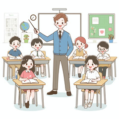 Teacher and students in classroom. Back to classroom