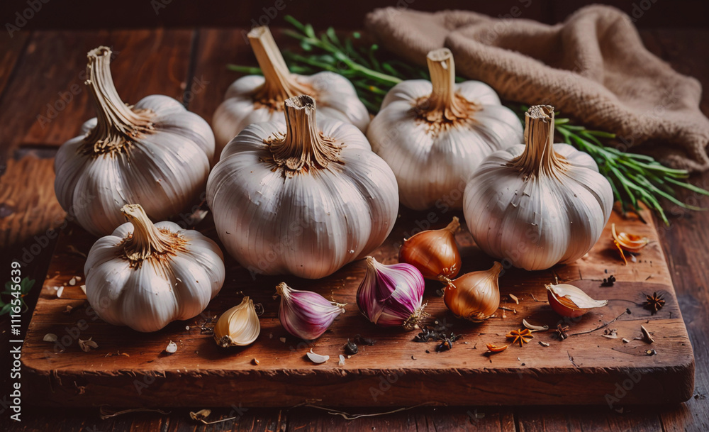Poster wooden cutting board is covered with a variety of garlic and onions. the garlic is spread out in the