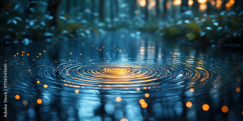 Poster ripples create enchanting patterns in a serene forest pond at twilight