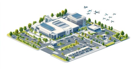 Modern facility design featuring solar panels and drone activity in a landscaped setting