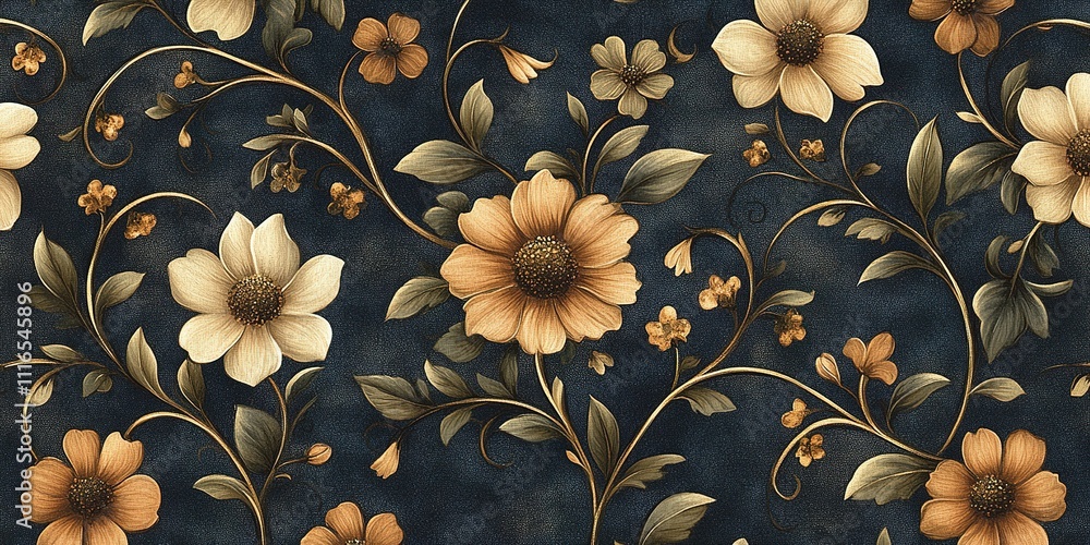 Aufkleber floral pattern design featuring warm colors on a dark background with intricate details and textures