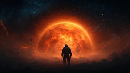 Fototapeta premium Exploring outer space astronaut witnessing fiery celestial events in digital art