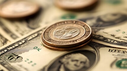 Close-up of coins on U.S. dollar bills, showcasing wealth and currency.
