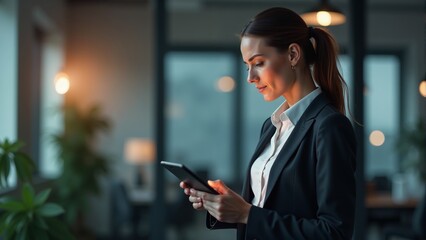Professional woman engaging with a tablet in a stylish office environment during evening hours
