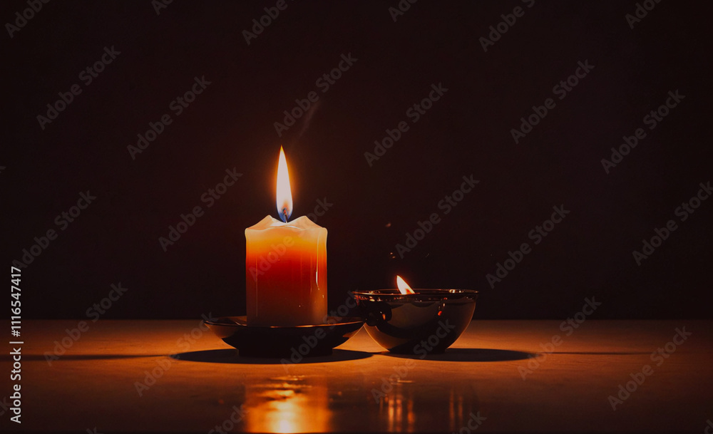 Poster two candles are lit on a table. one is a small candle in a bowl and the other is a larger candle in 