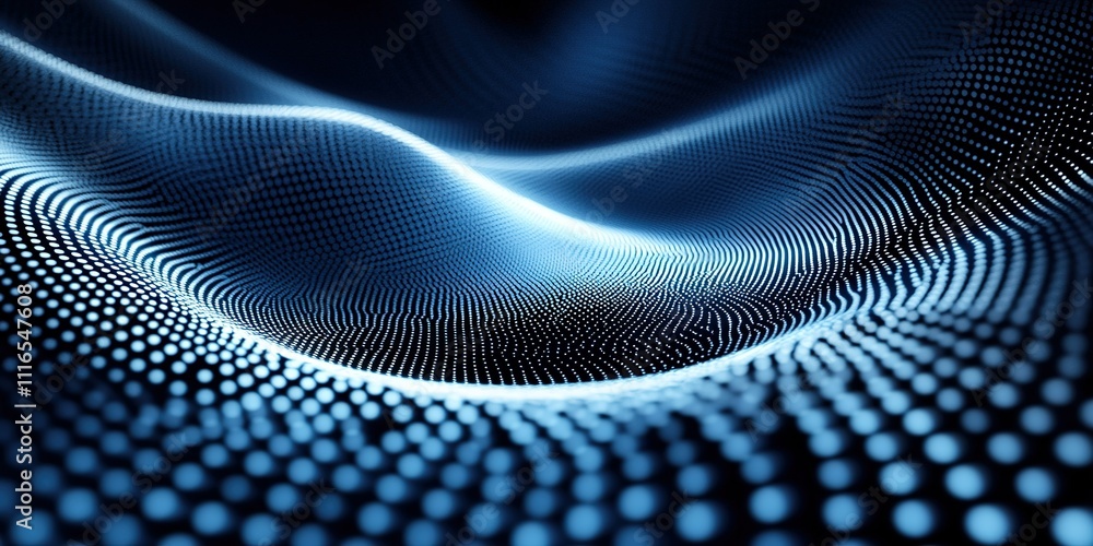 Poster abstract blue wave pattern creating a visual representation of sound frequencies and digital data fl