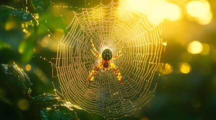 A spider weaving its web in a quiet corner of a forest