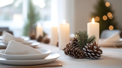Elegant festive table setting with candles and pine cone
