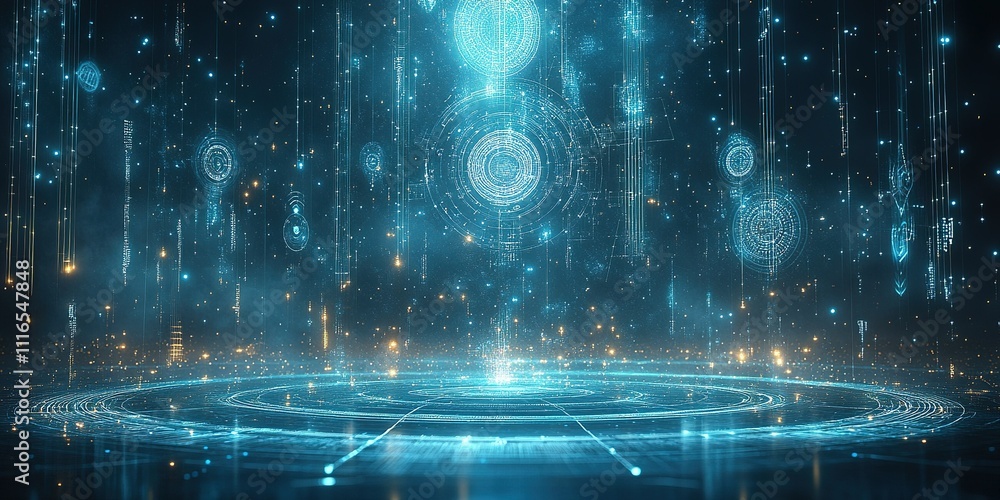Poster futuristic digital landscape with glowing blue orbs and data patterns illuminating the dark environm