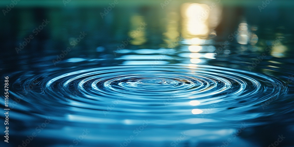 Poster ripples form on a tranquil water surface illuminated by soft sunlight during a serene afternoon