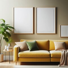 Naklejka premium Cozy Living Room with Light Oak Frames and Yellow Sofa