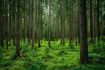 Tree Forest. Lush Green Spruce and Pine Trees in a Sustainable Timberland Ecosystem