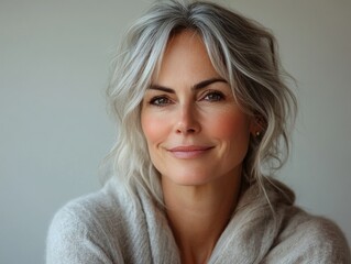 close up photo of a middle aged gray woman, face care, no make up woman