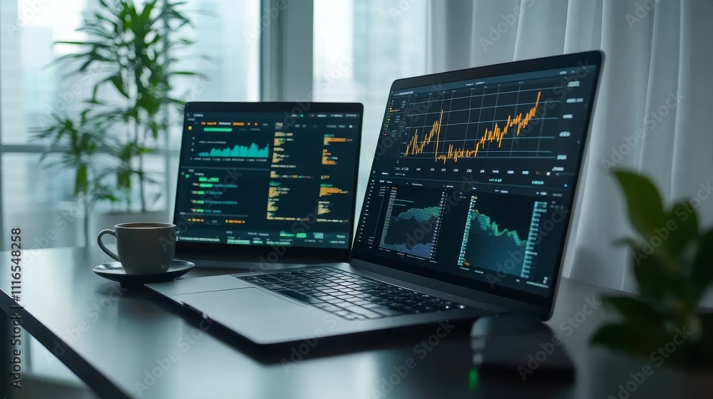 Aufkleber stylish laptop on desk with data analytics displaying trends