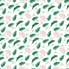 Watercolor seamless pattern with decorative roses, pansies, olive branches, rosemary