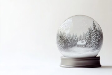 Snow globe with winter scene, space for text on right