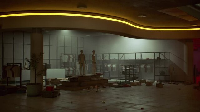 The retail store lies in disarray as thieves ransack the interior, leaving debris scattered across the floor and displays upended. Dim lighting highlights the chaos of the aftermath.