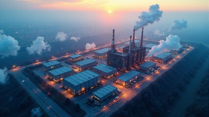 Naklejka premium Aerial view of a bustling industrial complex at dusk with smoke rising and city lights glowing