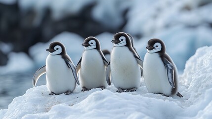 Obraz premium A group of penguins huddled together on a snowy expanse