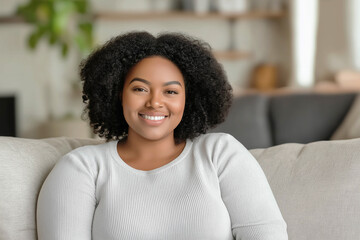 Fototapeta premium A beautiful, plus-size young African-American woman sits on a light sofa and smiles. Woman in a modern living room. Advertising banner.
