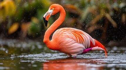 A flamboyant flamingo standing on one leg in a shallow lagoon