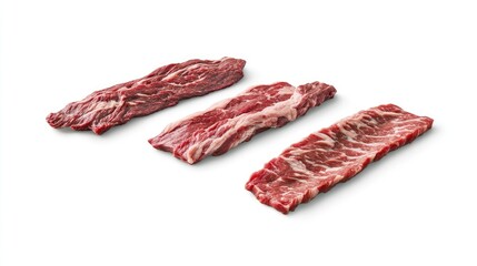 Fototapeta premium Fresh beef options like brisket, filet mignon, and skirt steak floating dynamically on white.