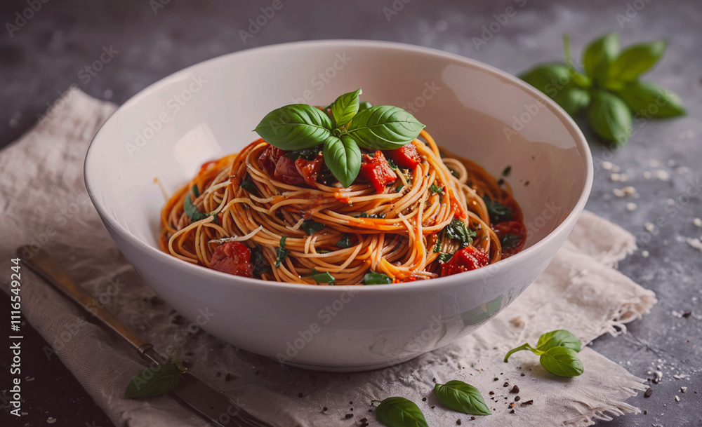 Poster bowl of spaghetti with basil on top. a fork and knife are on the table. the bowl is on a cloth