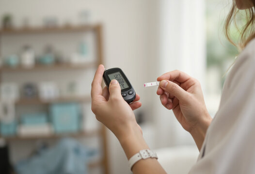 Woman using blood glucose meter with test strip in bright indoor setting