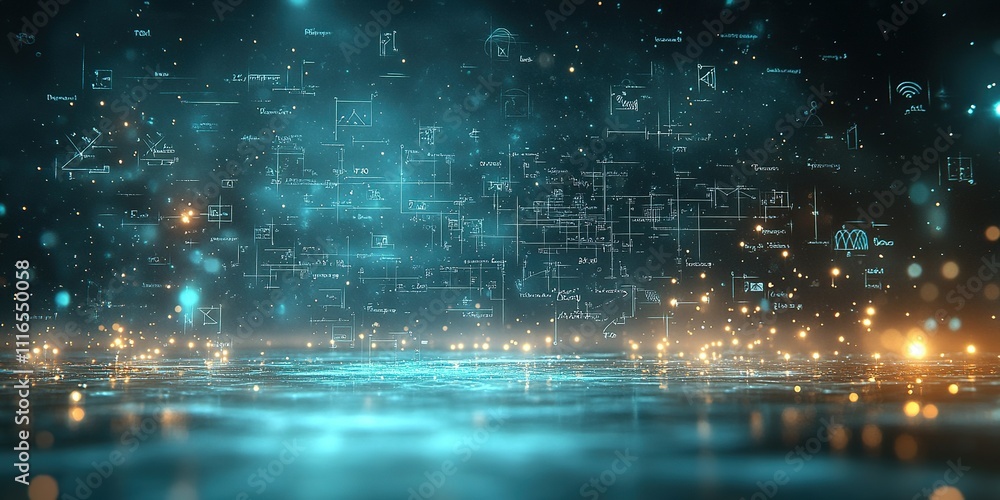 Poster digital landscape showcasing futuristic technology with glowing particles and data visualization ele
