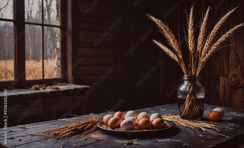 Poster vase with wheat and eggs on a table. the eggs are white and the wheat is brown