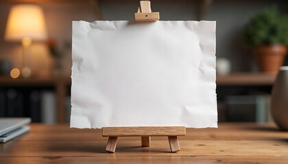 A4 paper mockup displayed on an easel in a cozy workspace with warm lighting