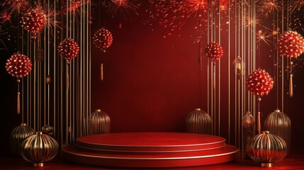 Dazzling Red Podium Festooned with Firecracker Decorations