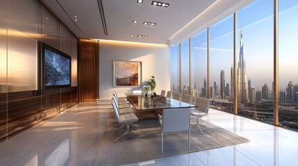 Fototapeta premium Elegant Conference Room with Large Glass Table and City View