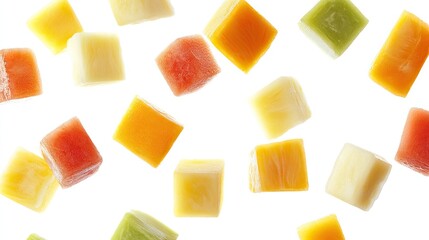 Melon cubes, pineapple chunks, and mango pieces arranged in a colorful floating pattern on white.