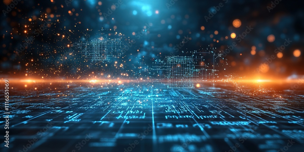 Poster digital landscape with glowing lines and data patterns reflecting a modern technology environment