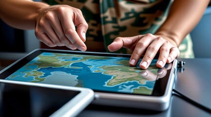 Fototapeta premium Military Strategist Analyzing Map on Digital Tablet. Army Officer Planning Operation, Navigation and Geolocation Technology Concept.