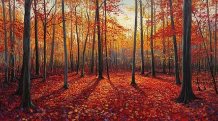 Obraz premium Vibrant Autumn Forest with Red, Orange, and Yellow Leaves at Sunset